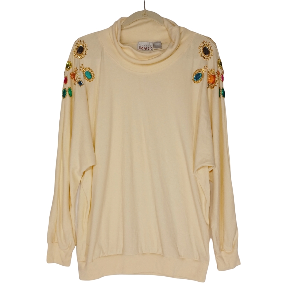 VTG FITTING IMAGE Cream Colorful Beaded Rhinestone Cowl Neck Long Sleeve Top NWT